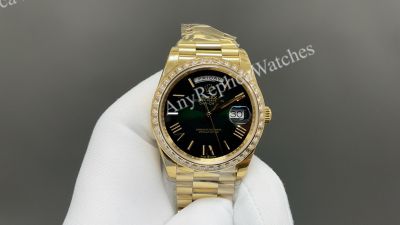 8+ Factory Rolex Daydate 36/40mm DD 3255 Movement Green Ombre Face Yellow Gold Band Watch